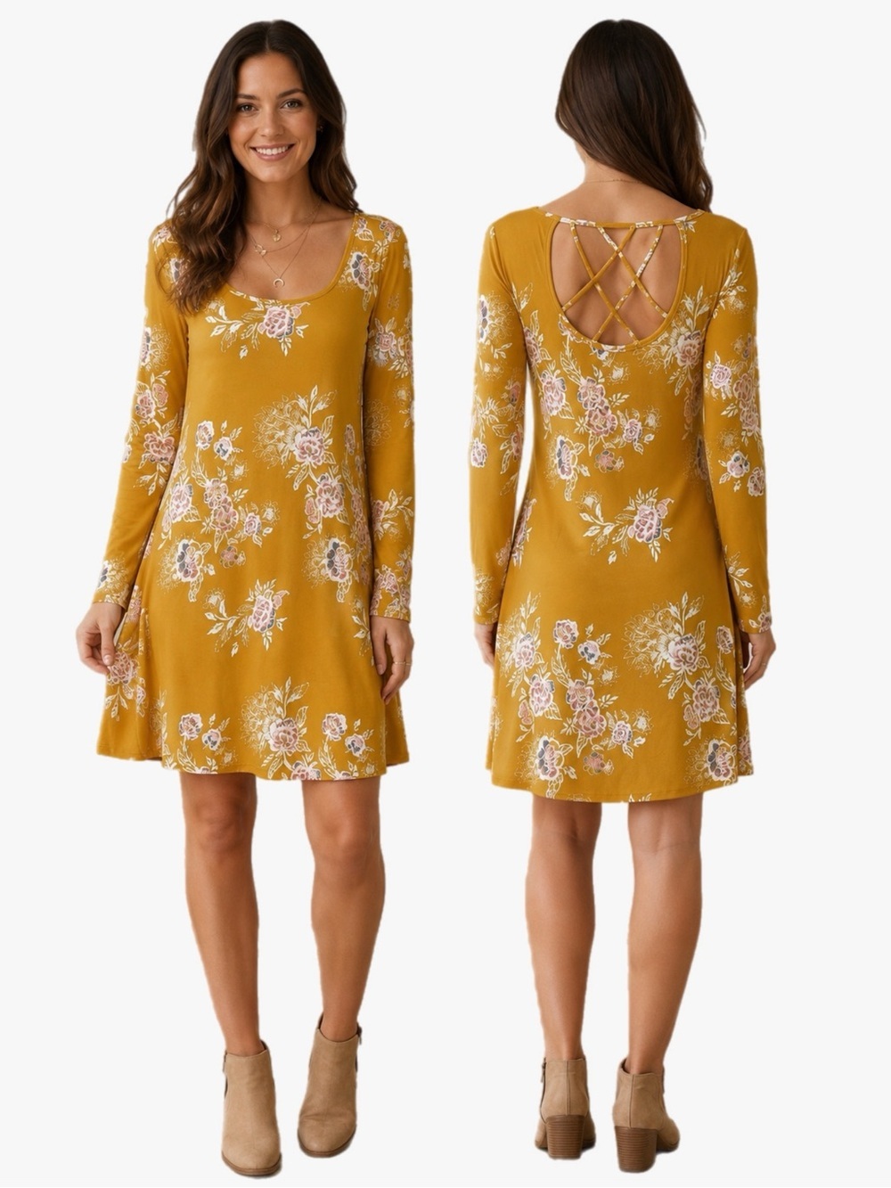 Mudd Mustard Floral Crisscross Back Swing Dress Size XL Boho Long Sleeve